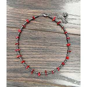 Handmade Navajo Bead and Coral Chip Stone Necklace 16 to 21 Inches Long